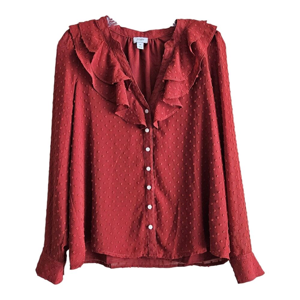 J. CREW Women M Blouse Ruffle Swiss Dot Rust Button Up Long Sleeve Lined 40"